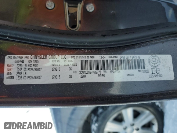 2015 Dodge Journey SXT with VIN 3C4PDCCG6FT602779, listed as a Copart auction lot 44929525 with 122,673 mi miles and Salvage title. Bid and sale history available at DreamBid. Image 14.
