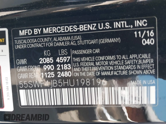2017 Mercedes-Benz C 300 with VIN 55SWF4JB5HU198196, listed as a IAAI auction lot 42527183 with 42,788 mi miles and . Bid and sale history available at DreamBid. Image 9.