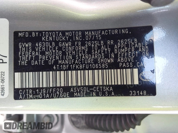 2015 Toyota Camry XLE with VIN 4T1BF1FK8FU106585, listed as a IAAI auction lot 41696231 with 149,390 mi miles. Bid and sale history available at carsss.com. Image 9.