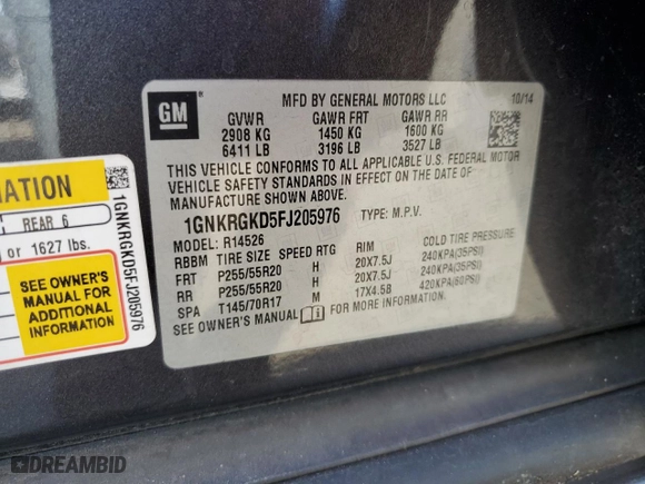 2015 Chevrolet Traverse LT with VIN 1GNKRGKD5FJ205976, listed as a Copart auction lot 48672195 with 151,821 mi miles and Salvage Title. Bid and sale history available at carsss.com. Image 14.