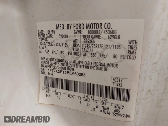 2011 Ford F-350 with VIN 1FT7X3BT5BEA60283, listed as a IAAI auction lot 41783661 with 199,002 mi miles and . Bid and sale history available at DreamBid. Image 9.