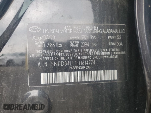 2020 Hyundai Elantra SEL with VIN 5NPD84LF1LH614774, listed as a Copart auction lot 58779405 with 110,502 mi miles and Salvage title. Bid and sale history available at DreamBid. Image 13.