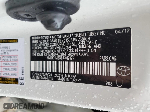 2018 Toyota C-HR XLE with VIN NMTKHMBX8JR012025, listed as a Copart auction lot 44956535 with 143,010 mi miles and Non repairable. Bid and sale history available at DreamBid. Image 12.