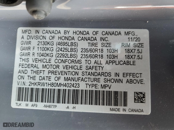 2021 Honda CR-V EX-L with VIN 2HKRW1H80MH402423, listed as a Copart auction lot 48068055 with 38,928 mi miles and Salvage Title. Bid and sale history available at carsss.com. Image 13.