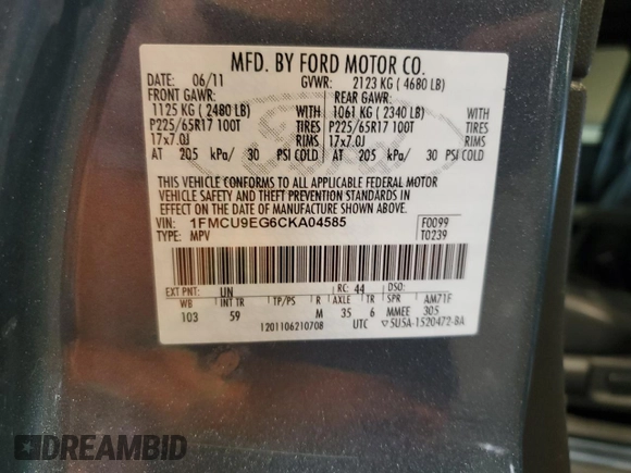 2012 Ford Escape Limited с VIN 1FMCU9EG6CKA04585, выставлен на аукционе Copart как лот 65576035 с пробегом 44 084 миль миль и Чистый • Clean title. История ставок и продаж доступна на DreamBid. Изображение 13.