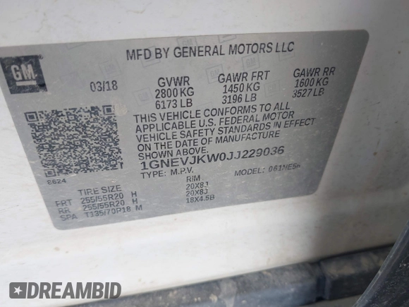 2018 Chevrolet Traverse Premier z VIN 1GNEVJKW0JJ229036, wystawiony jako IAAI lot #41866737 z przebiegiem 126 794 mil mil oraz . Historia ofert i sprzedaży dostępna na DreamBid. Obrazek 9.