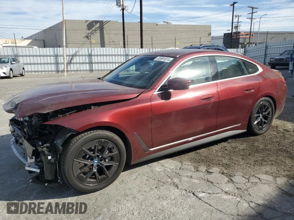 2024 BMW i4 eDrive35 with VIN WBY43AW00RFS13061, listed as a Copart auction lot 85991874 with 5,732 mi miles and Salvage Title. Bid and sale history available at carsss.com. Image 1.