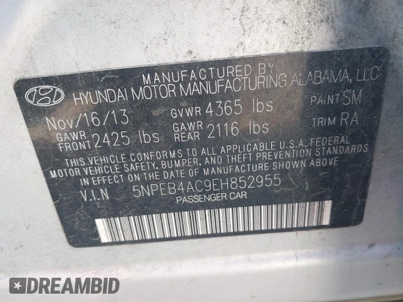 2014 Hyundai Sonata GLS with VIN 5NPEB4AC9EH852955, listed as a IAAI auction lot 42048474 with 107,357 mi miles and . Bid and sale history available at DreamBid. Image 9.
