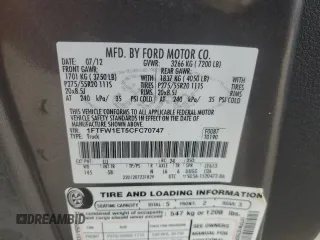 2012 Ford F-150 XL with VIN 1FTFW1ET5CFC70747, listed as a Copart auction lot 56625225 with 222,001 mi miles and Salvage title. Bid and sale history available at DreamBid. Image 12.