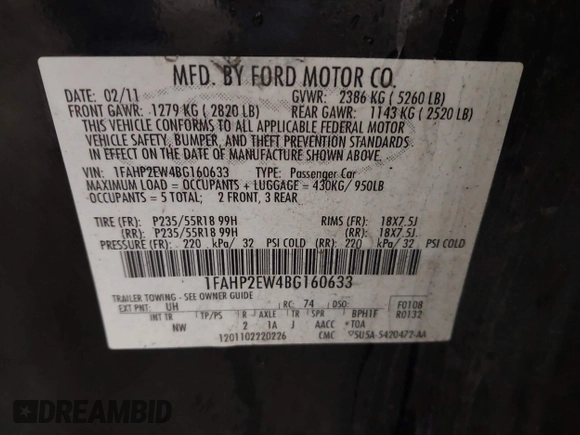 2011 Ford Taurus SEL with VIN 1FAHP2EW4BG160633, listed as a IAAI auction lot 41778406 with 125,934 mi miles. Bid and sale history available at carsss.com. Image 9.