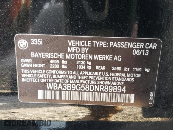 2013 BMW 3 Series 335i xDrive with VIN WBA3B9G58DNR89894, listed as a Copart auction lot 49087945 with 70,141 mi miles and Salvage title. Bid and sale history available at DreamBid. Image 12.