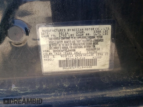 2012 Nissan Versa SL with VIN 3N1CN7AP7CL844100, listed as a Copart auction lot 50015145 with 212,318 mi miles and Clean title. Bid and sale history available at DreamBid. Image 12.