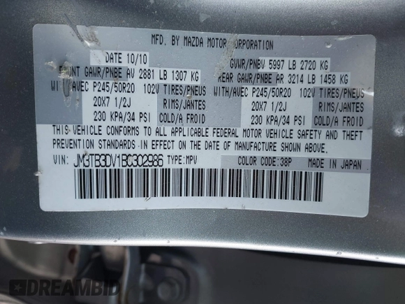 2011 Mazda CX-9 Grand Touring with VIN JM3TB3DV1B0302986, listed as a IAAI auction lot 41500223 with 156,244 mi miles. Bid and sale history available at carsss.com. Image 9.