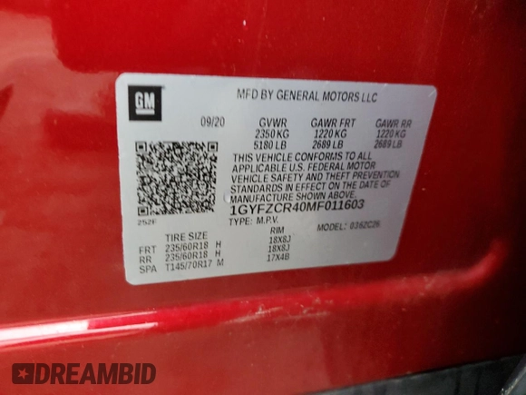 2021 Cadillac XT4 FWD Premium Luxury with VIN 1GYFZCR40MF011603, listed as a Copart auction lot 53068825 with 84,919 mi miles and Salvage title. Bid and sale history available at DreamBid. Image 15.