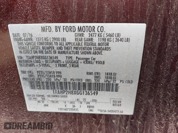 2016 Ford Taurus SEL с VIN 1FAHP2H8XGG136549, выставлен на аукционе IAAI как лот 42338455 с пробегом 170 123 миль миль и . История ставок и продаж доступна на DreamBid. Изображение 9.