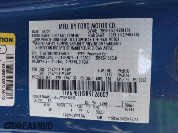 2024 Ford Mustang EcoBoost with VIN 1FA6P8TH2R5126002, listed as a IAAI auction lot 41760218 with 58,832 mi miles. Bid and sale history available at carsss.com. Image 9.