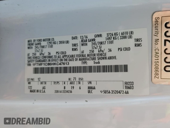 2017 Ford F-150 XL with VIN 1FTMF1C86HKC47613, listed as a Copart auction lot 52931755 with 157,320 mi miles and Clean title. Bid and sale history available at DreamBid. Image 12.