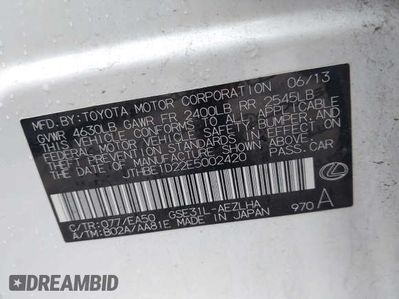 2014 Lexus IS 350 with VIN JTHBE1D22E5002420, listed as a IAAI auction lot 42260031 with 122,407 mi miles and . Bid and sale history available at DreamBid. Image 9.