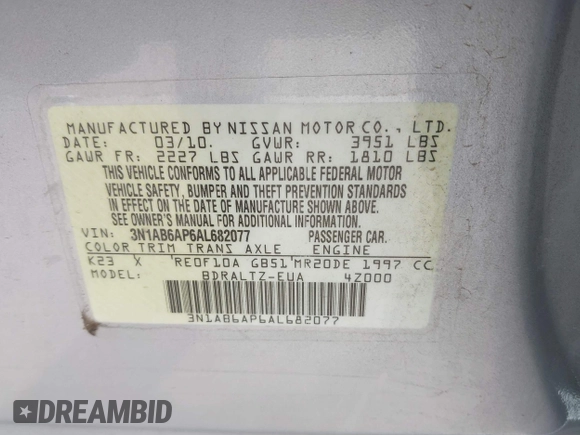 2010 Nissan Sentra SR with VIN 3N1AB6AP6AL682077, listed as a IAAI auction lot 42149515 with 170,358 mi miles and . Bid and sale history available at DreamBid. Image 9.