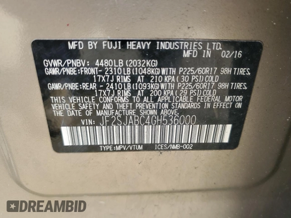 2016 Subaru Forester 2.5i with VIN JF2SJABC4GH536000, listed as a Copart auction lot 54598375 with 125,340 mi miles and Salvage Title. Bid and sale history available at DreamBid. Image 13.