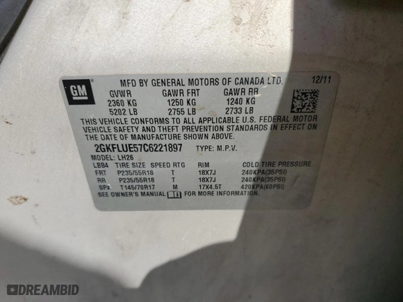 2012 GMC Terrain SLT-1 with VIN 2GKFLUE57C6221897, listed as a Copart auction lot 48465855 with 203,741 mi miles and Salvage Title. Bid and sale history available at carsss.com. Image 13.