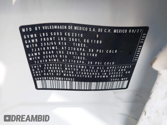 2022 Volkswagen Tiguan SE with VIN 3VV2B7AX2NM010932, listed as a IAAI auction lot 42007364 with 26,014 mi miles and . Bid and sale history available at DreamBid. Image 9.
