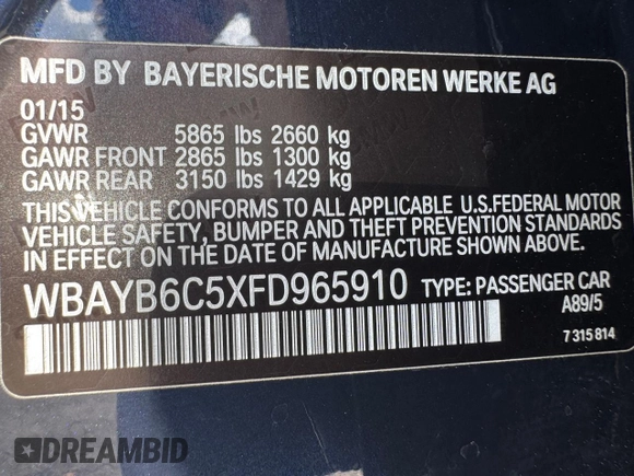 2015 BMW 7 Series 750i xDrive with VIN WBAYB6C5XFD965910, listed as a Copart auction lot 47488765 with 173,486 mi miles and Salvage Title. Bid and sale history available at carsss.com. Image 15.