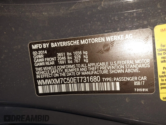 2014 MINI Hardtop S z VIN WMWXM7C50ET731680, wystawiony jako IAAI lot #41691317 z przebiegiem 47 205 mil mil oraz . Historia ofert i sprzedaży dostępna na DreamBid. Obrazek 9.