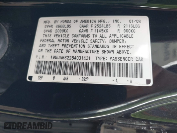 2008 Acura TL with VIN 19UUA66228A031431, listed as a IAAI auction lot 41486451 with 118,922 mi miles. Bid and sale history available at carsss.com. Image 9.