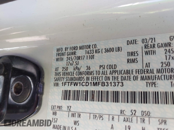 2021 Ford F-150 XL with VIN 1FTFW1CD1MFB31373, listed as a IAAI auction lot 42530409 with 119,956 mi miles and . Bid and sale history available at DreamBid. Image 9.