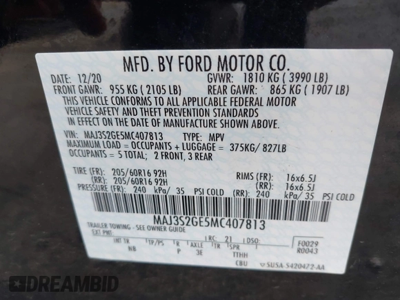 2021 Ford EcoSport SE с VIN MAJ3S2GE5MC407813, выставлен на аукционе IAAI как лот 42246840 с пробегом 31 336 миль миль и . История ставок и продаж доступна на DreamBid. Изображение 9.