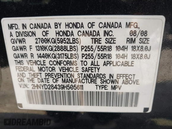 2009 Acura MDX Tech/Entertainment Pkg with VIN 2HNYD28439H505611, listed as a IAAI auction lot 41724195 with 181,282 mi miles. Bid and sale history available at carsss.com. Image 9.