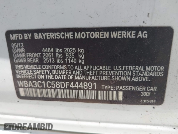 2013 BMW 3 Series 328i z VIN WBA3C1C58DF444891, wystawiony jako IAAI lot #42227947 z przebiegiem Nie podano mil oraz . Historia ofert i sprzedaży dostępna na DreamBid. Obrazek 9.
