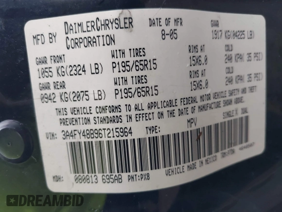 2006 Chrysler PT Cruiser with VIN 3A4FY48B96T215964, listed as a IAAI auction lot 42094963 with 160,185 mi miles and . Bid and sale history available at DreamBid. Image 9.