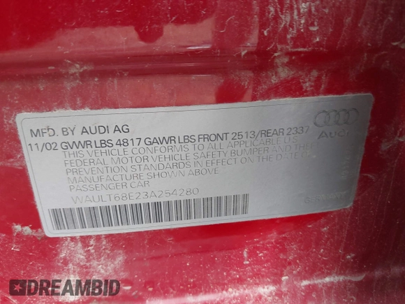 2003 Audi A4 3.0L with VIN WAULT68E23A254280, listed as a IAAI auction lot 42492694 with Not provided miles and . Bid and sale history available at DreamBid. Image 9.