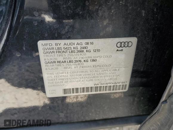 2017 Audi Q5 Premium Plus with VIN WA1M2AFP0HA041847, listed as a Copart auction lot 61988035 with 93,250 mi miles and Salvage title. Bid and sale history available at DreamBid. Image 13.