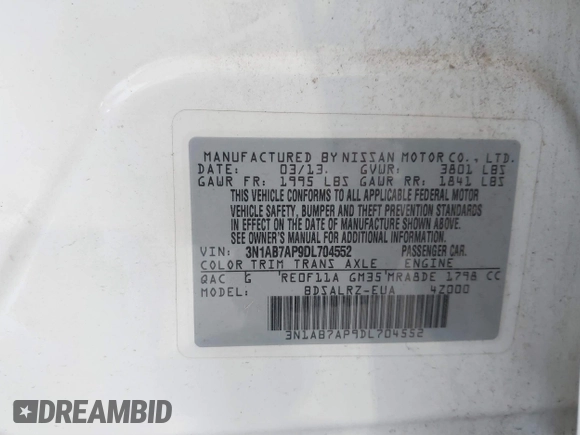 2013 Nissan Sentra S with VIN 3N1AB7AP9DL704552, listed as a IAAI auction lot 40259803 with 158,829 mi miles and . Bid and sale history available at DreamBid. Image 9.
