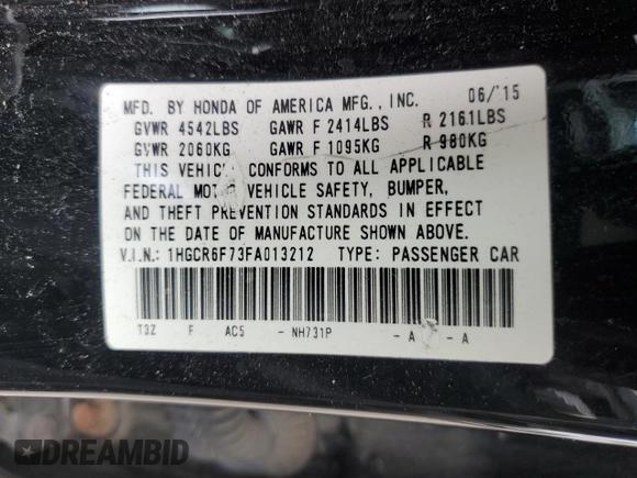 2015 Honda Accord Touring with VIN 1HGCR6F73FA013212, listed as a Copart auction lot 58341045 with 183,225 mi miles and Salvage title. Bid and sale history available at DreamBid. Image 13.