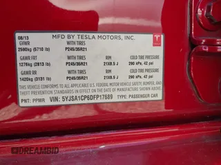 2013 Tesla Model S Performance with VIN 5YJSA1CP6DFP17689, listed as a IAAI auction lot 42483390 with 51,432 mi miles and . Bid and sale history available at DreamBid. Image 9.