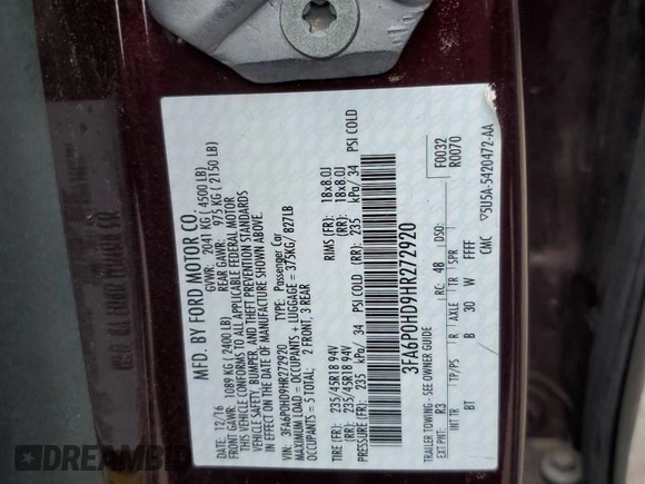 2017 Ford Fusion SE with VIN 3FA6P0HD9HR272920, listed as a Copart auction lot 62313115 with 94,181 mi miles and Salvage title. Bid and sale history available at DreamBid. Image 12.