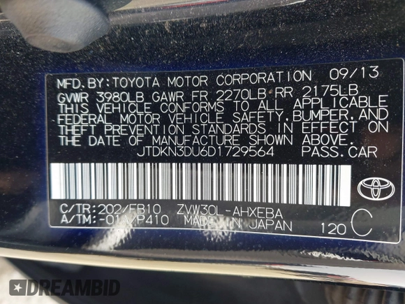 2013 Toyota Prius One with VIN JTDKN3DU6D1729564, listed as a IAAI auction lot 41787817 with 130,153 mi miles. Bid and sale history available at carsss.com. Image 9.