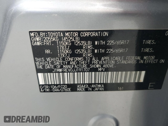 2018 Toyota RAV4 XLE with VIN JTMWFREV0JJ191707, listed as a Copart auction lot 57821575 with Not provided miles and Salvage title. Bid and sale history available at DreamBid. Image 12.