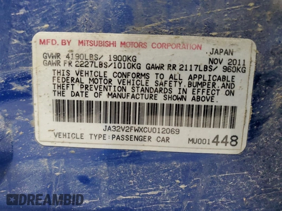 2012 Mitsubishi Lancer SE with VIN JA32V2FWXCU012069, listed as a Copart auction lot 49471465 with 169,363 mi miles and Non repairable. Bid and sale history available at DreamBid. Image 12.