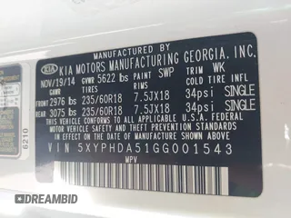 2016 Kia Sorento EX with VIN 5XYPHDA51GG001543, listed as a IAAI auction lot 41993955 with 176,098 mi miles. Bid and sale history available at carsss.com. Image 9.