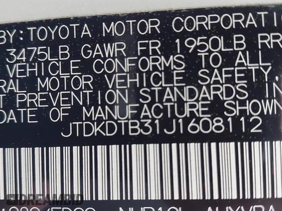 2018 Toyota Prius One with VIN JTDKDTB31J1608112, listed as a IAAI auction lot 42086063 with 51,847 mi miles and . Bid and sale history available at DreamBid. Image 9.
