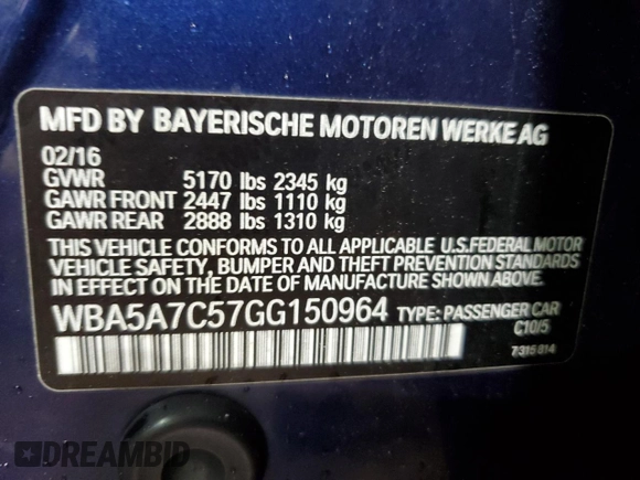 2016 BMW 5 Series 528i xDrive with VIN WBA5A7C57GG150964, listed as a Copart auction lot 56468805 with Not provided miles and Salvage title. Bid and sale history available at DreamBid. Image 12.