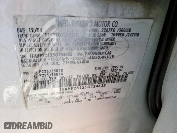 2005 Ford Five Hundred Limited с VIN 1FAHP281X5G134638, выставлен на аукционе Copart как лот 58256315 с пробегом Не указан миль и Чистый • Clean title. История ставок и продаж доступна на DreamBid. Изображение 12.