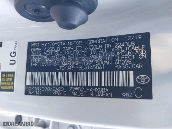 2020 Toyota Prius Prime LE with VIN JTDKARFP5L3145861, listed as a IAAI auction lot 41808638 with 83,362 mi miles. Bid and sale history available at carsss.com. Image 9.
