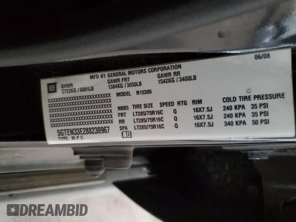 2008 Hummer H3 with VIN 5GTEN33E288230967, listed as a Copart auction lot 88598185 with 202,735 mi miles and Clean Title. Bid and sale history available at DreamBid. Image 13.