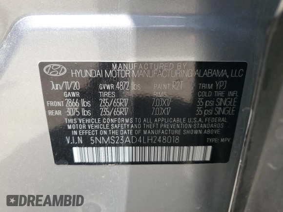 2020 Hyundai Santa Fe SE with VIN 5NMS23AD4LH248018, listed as a Copart auction lot 56416555 with 53,275 mi miles and Salvage title. Bid and sale history available at DreamBid. Image 14.